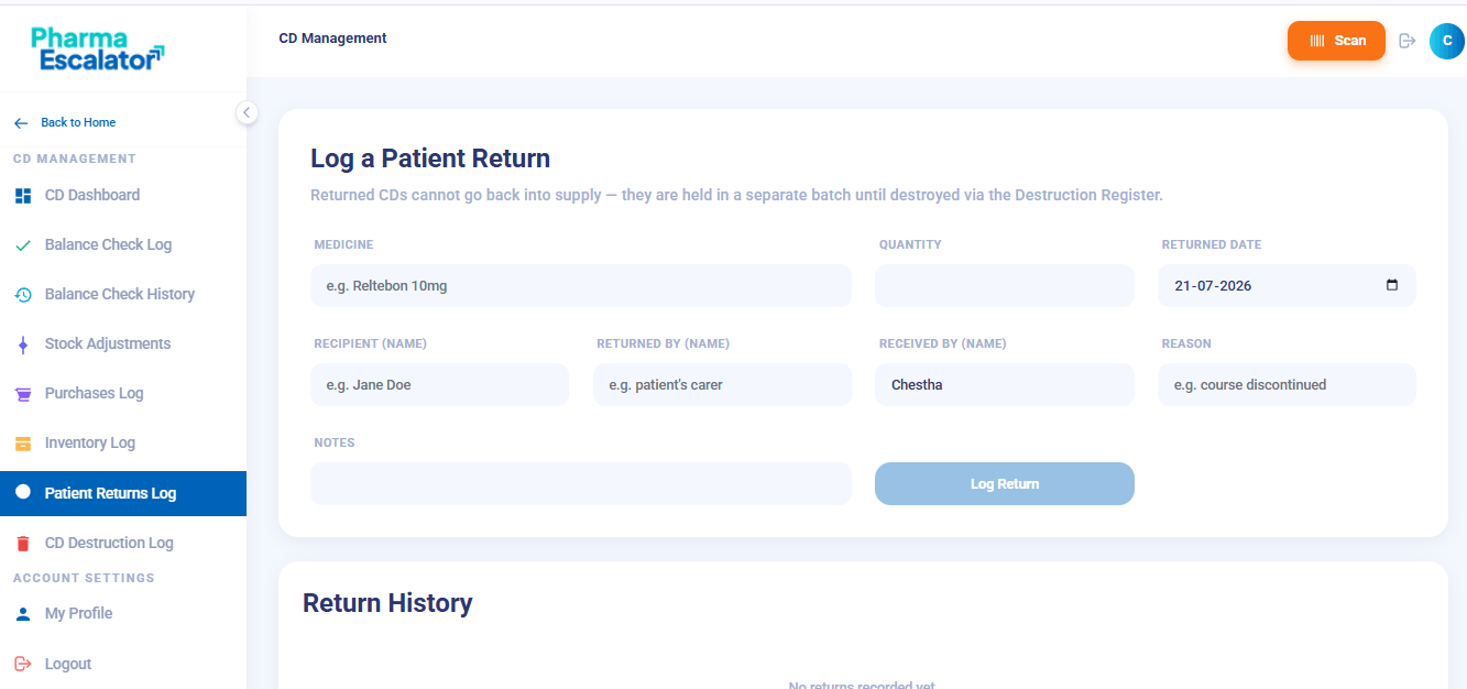 Patient return log
